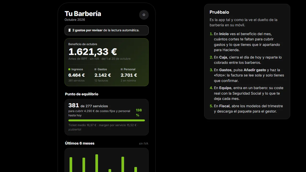 Panel de contabilidad para barberías visto en el móvil