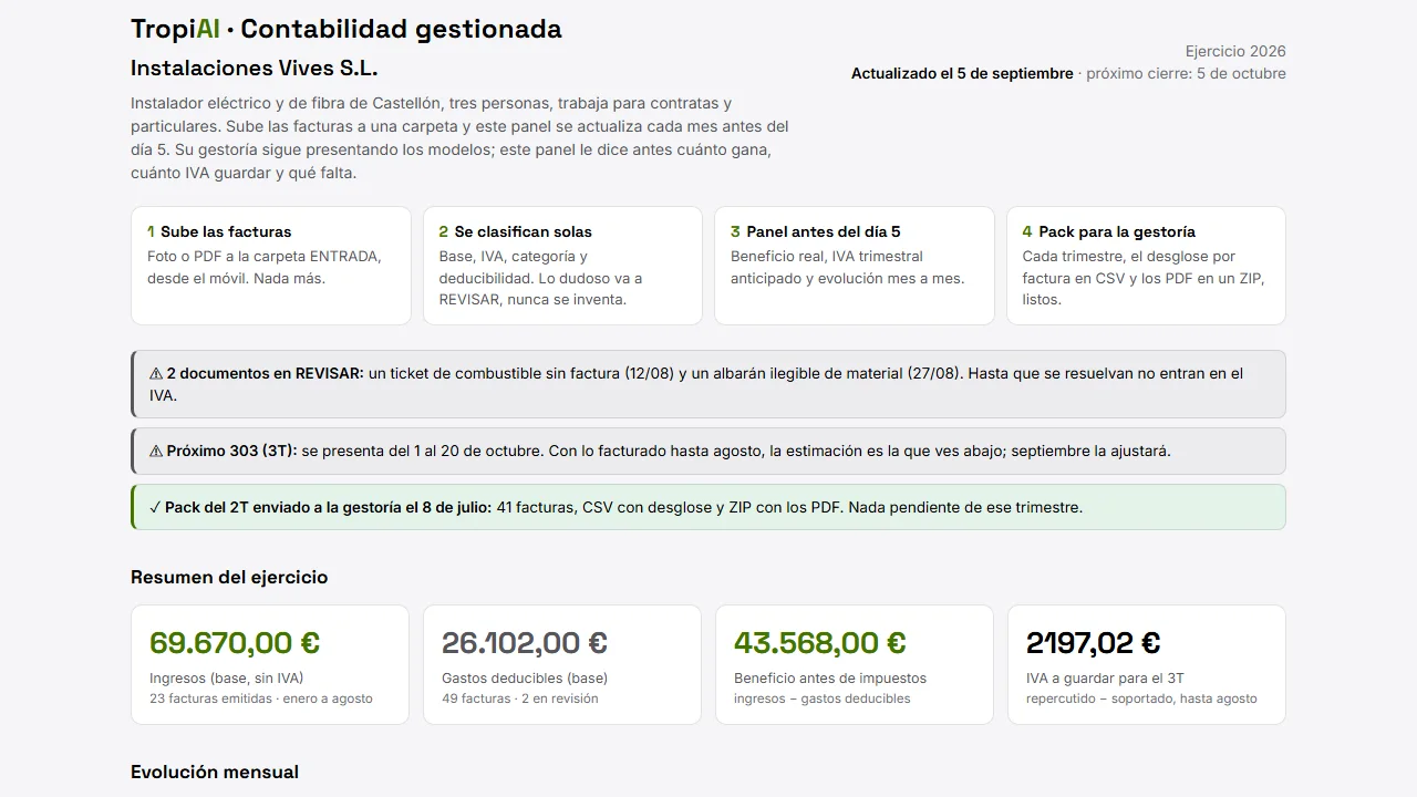 Panel de contabilidad gestionada con el beneficio del mes y el IVA