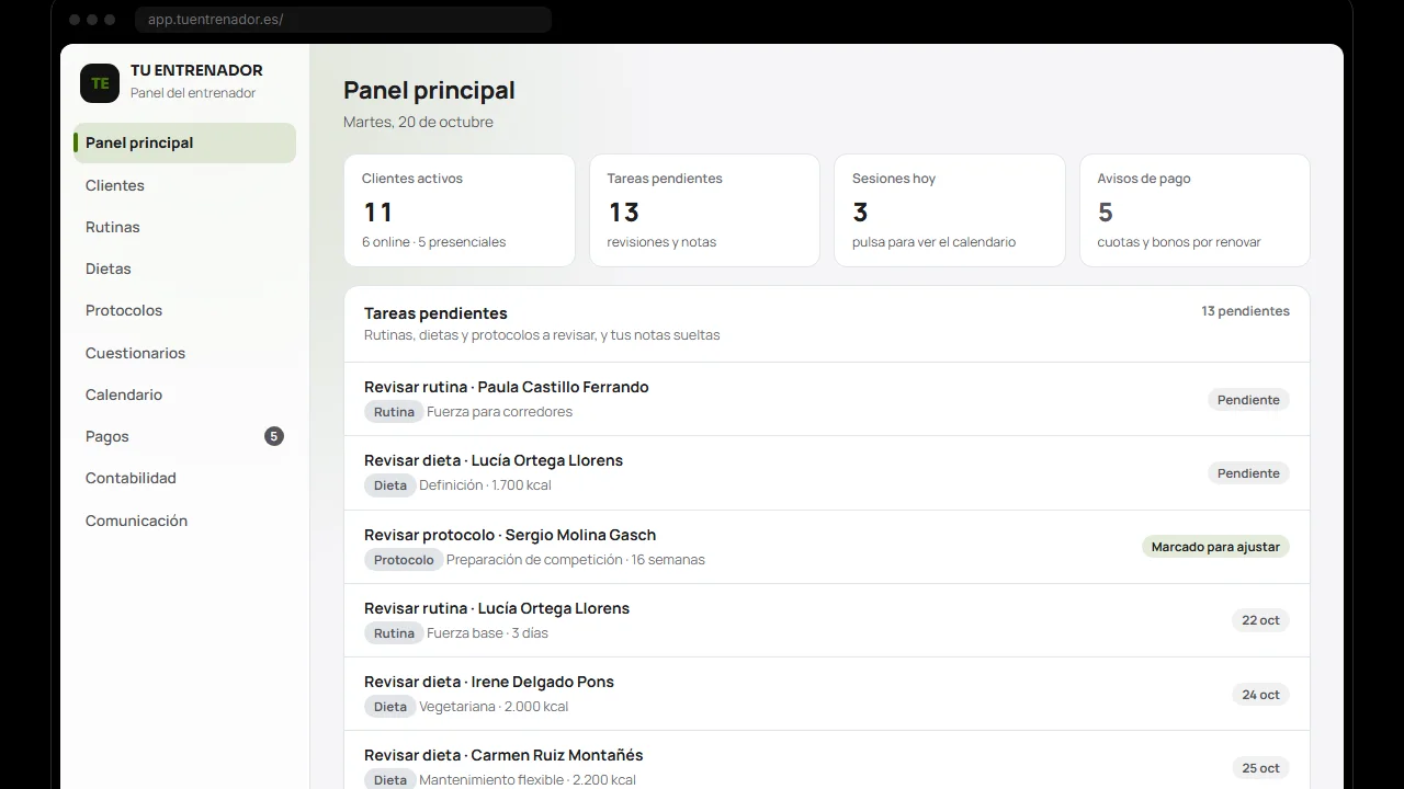 Panel de la app para entrenadores personales con la lista de clientes