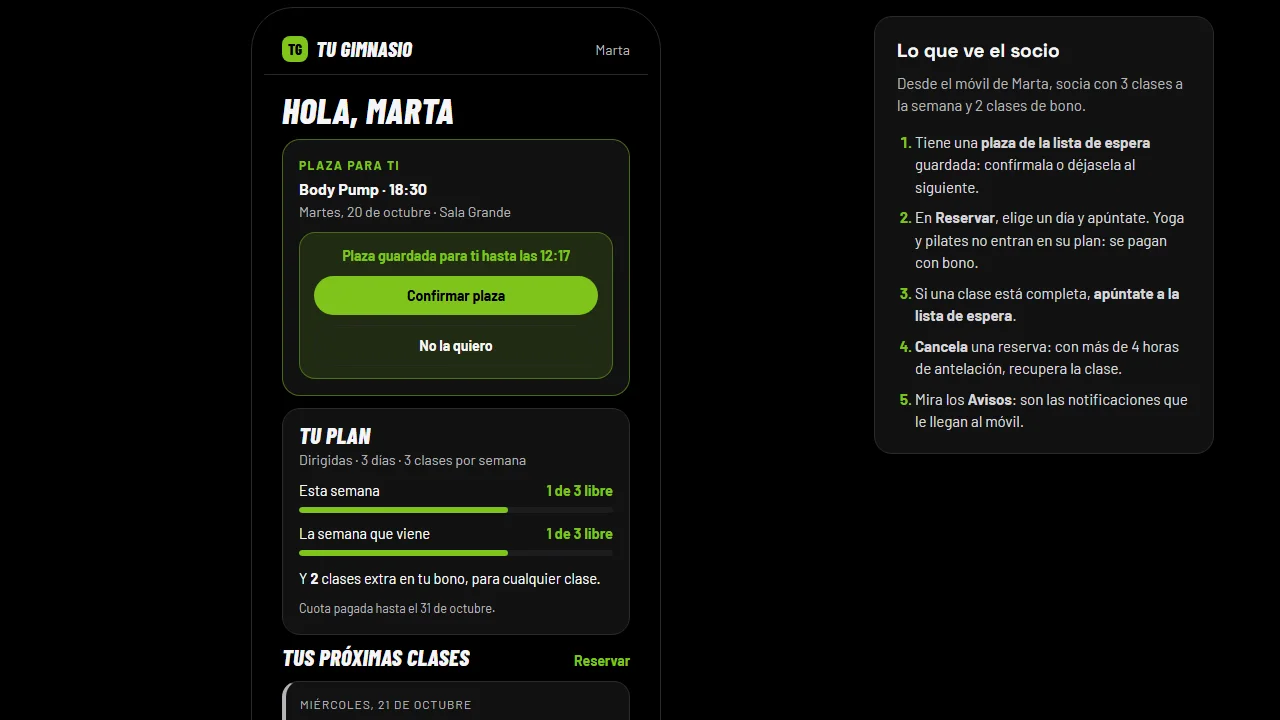 Pantalla de la app para gimnasios con el horario de clases y las reservas