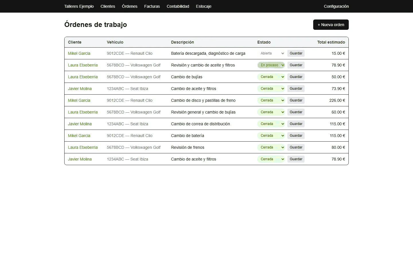Pantalla de órdenes de trabajo: lista de vehículos con cliente, descripción de la reparación, estado y total estimado
